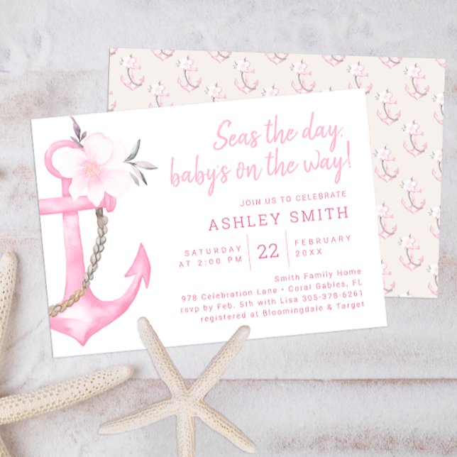 Inbjudan till rosa Nautical Anchor Baby Shower (Pink Floral Anchor Baby Shower)