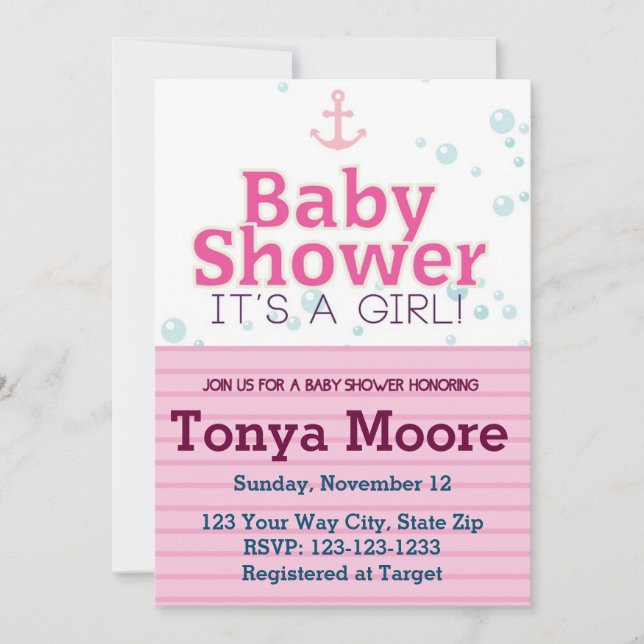 Inbjudan till rosa Nautical Bubble Baby Shower (Framsida)