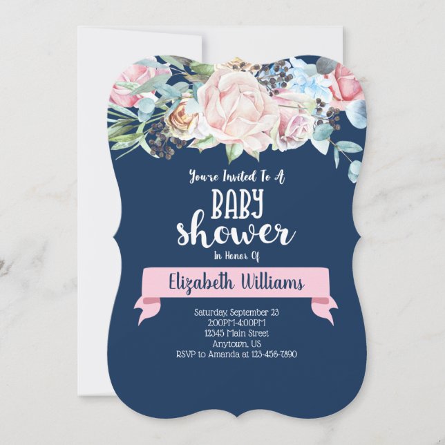 Inbjudan till rosa Navy Blåa blommor Baby Shower (Framsida)