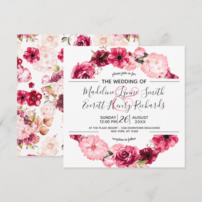 Inbjudan till rosa och Blommigt för andningsbröllo (Fram/baksida)