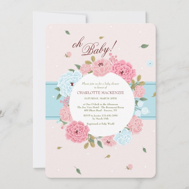 Inbjudan till rosa och Blue Blommigt Baby Shower (Framsida)