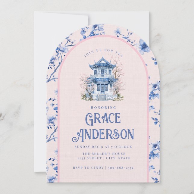 Inbjudan till rosa och Blue Chinoiserie Pagoda Tea (Framsida)