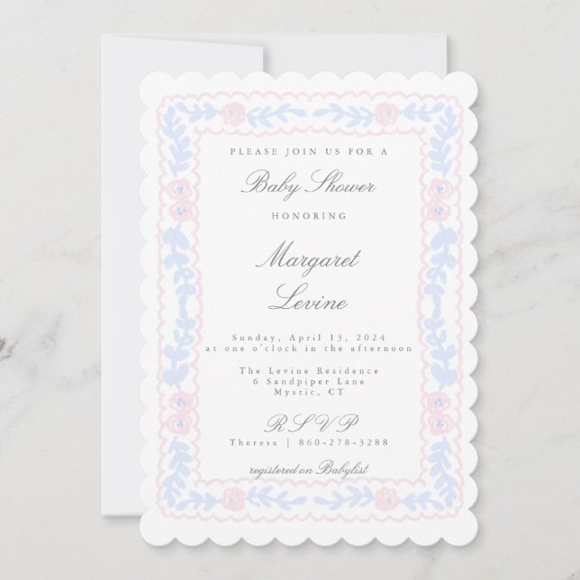 Inbjudan till rosa och Blue Ro Trellis Baby Shower (Framsida)