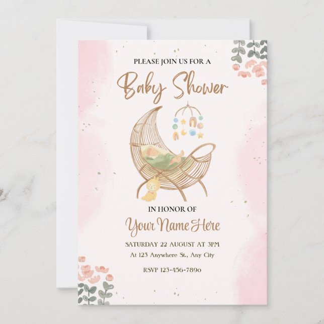 Inbjudan till rosa och brun babydusch Flickor (Framsida)