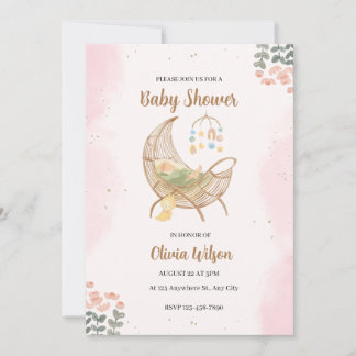 Inbjudan till rosa och brun, illustrativ babyskare
