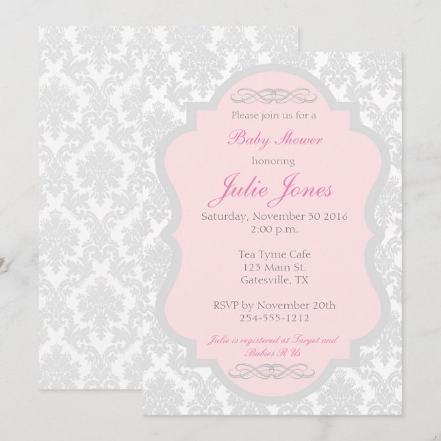 Inbjudan till rosa och Grått Damask Baby Shower (Fram/baksida)