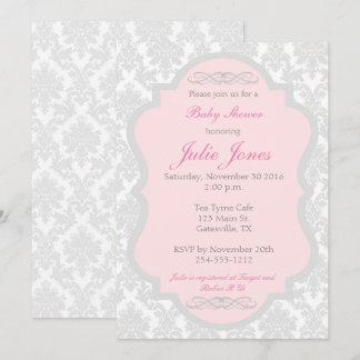 Inbjudan till rosa och Grått Damask Baby Shower