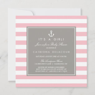 Inbjudan till rosa och Grått Nautical Baby Shower