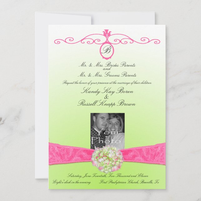 Inbjudan till Rosa och Grönt med Monogram och foto (Framsida)