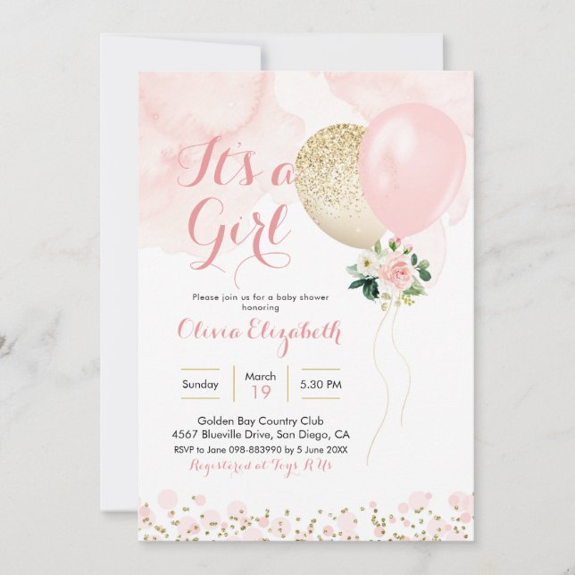 Inbjudan till rosa och Guld Balloon Girl Baby Show (Framsida)