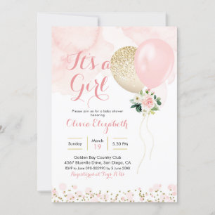 Inbjudan till rosa och Guld Balloon Girl Baby Show