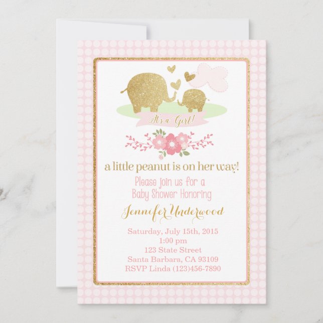 Inbjudan till rosa och Guld Elephant Baby Shower (Framsida)