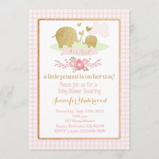 Inbjudan till rosa och Guld Elephant Baby Shower