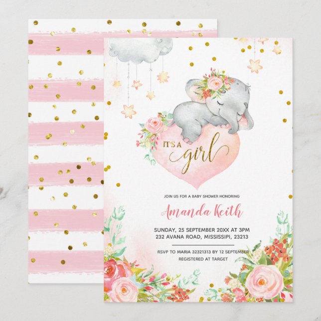 Inbjudan till rosa och Guld Elephant Baby Shower (Fram/baksida)