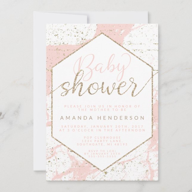 Inbjudan till rosa och Guld Marble Baby Shower (Framsida)