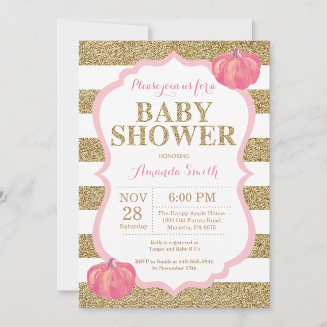 Inbjudan till rosa och Guld Pumpkin Baby Shower (Framsida)