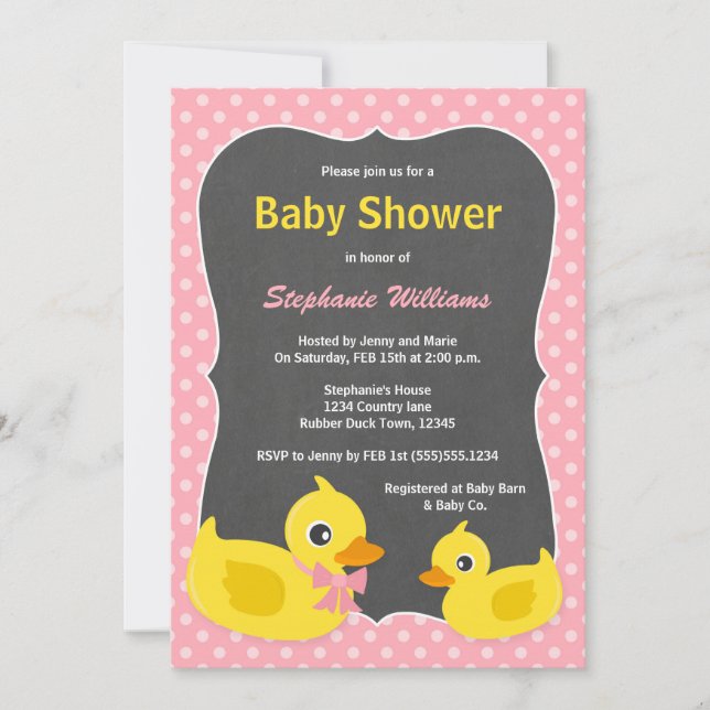 Inbjudan till Rosa och Gult av gummi Ducky Baby Sh (Framsida)