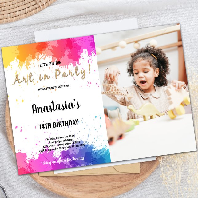 Inbjudan till rosa och Lila - födelsedag (Pink Purple Paint Invitations with photo)