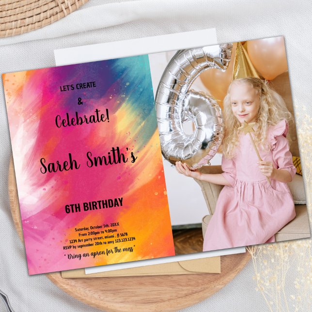 Inbjudan till rosa och Lila - födelsedag (Pink Purple Paint Birthday Invitations with photo)