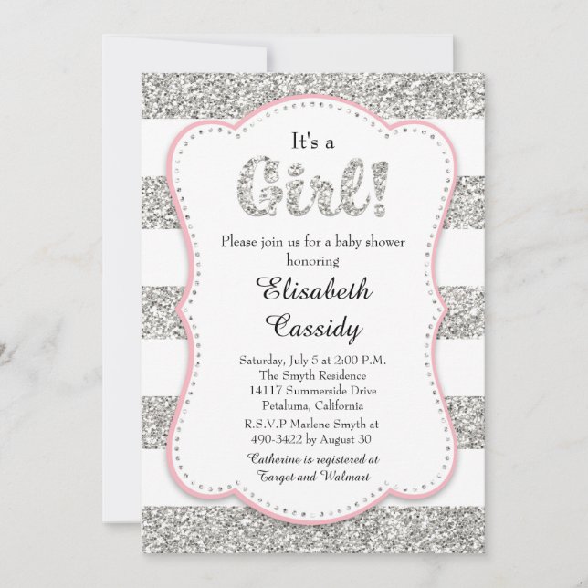 Inbjudan till rosa och Silver Glitter Baby Shower  (Framsida)