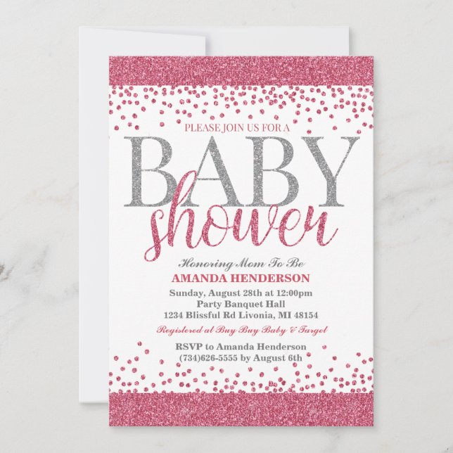 Inbjudan till rosa och Silver Glitter Baby Shower (Framsida)