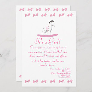 Inbjudan till rosa och Vita Rocking Horse Shower