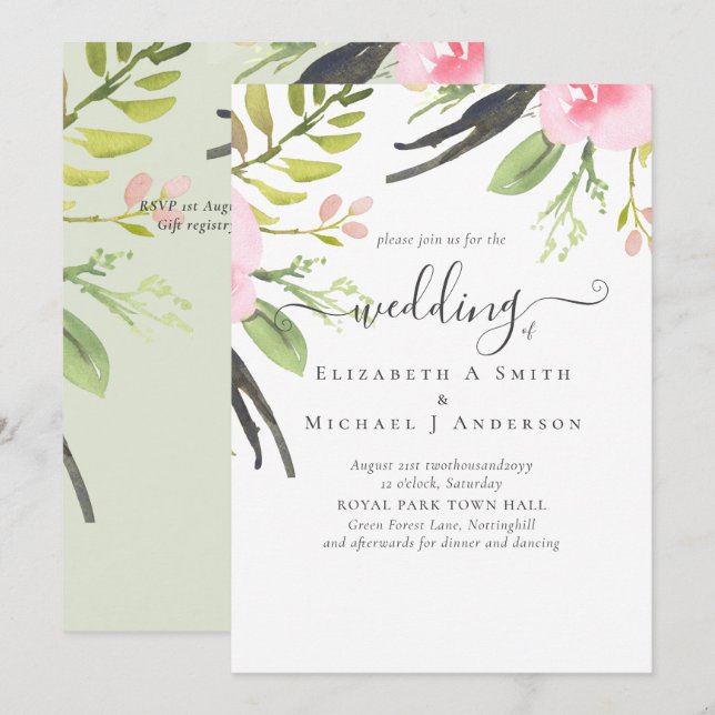 Inbjudan till  Rosa Olive Quality bröllop (Fram/baksida)