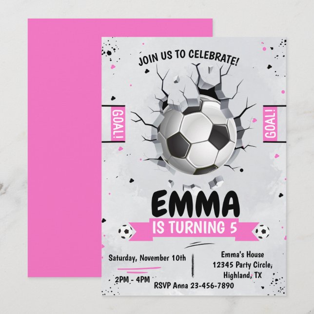 Inbjudan till Rosa på födelsedagen för fotboll (Fram/baksida)