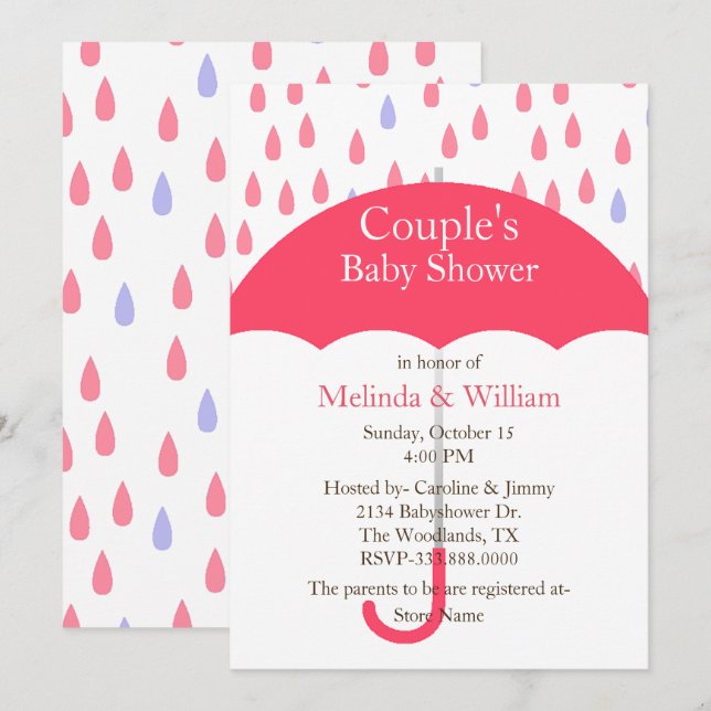 Inbjudan till rosa Paraplla Baby Shower (Fram/baksida)