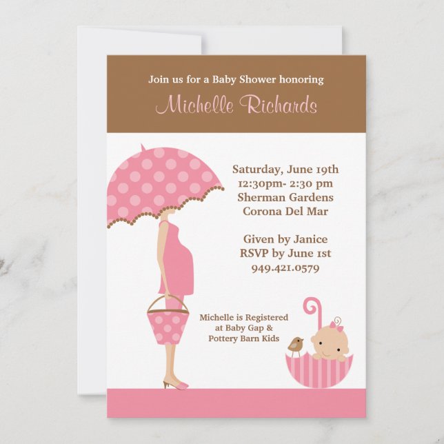 Inbjudan till Rosa Paraplla Baby Shower (Framsida)