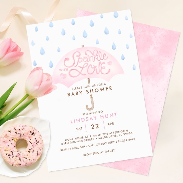 Inbjudan till rosa Parbrella Sprinkle Baby Shower (Sprinkle with Love Girl Baby Shower Invitation)