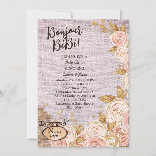 Inbjudan till rosa Paris Cafe Baby Shower (Framsida)