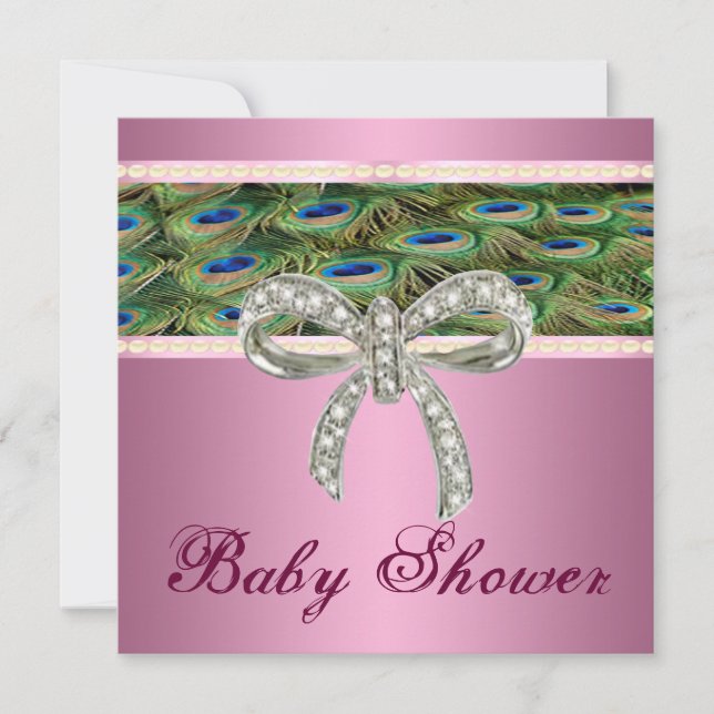 Inbjudan till rosa peacock Diamond Bow Baby Shower (Framsida)