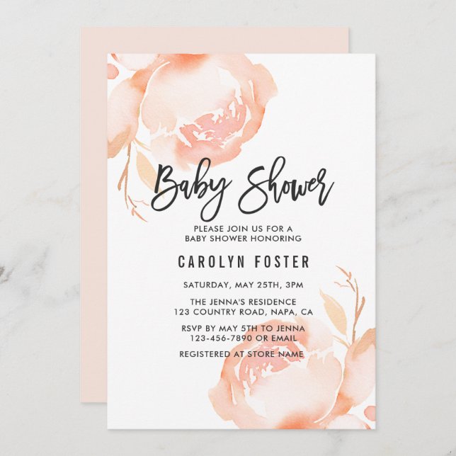  inbjudan till Rosa Peony Girl Baby Shower (Fram/baksida)
