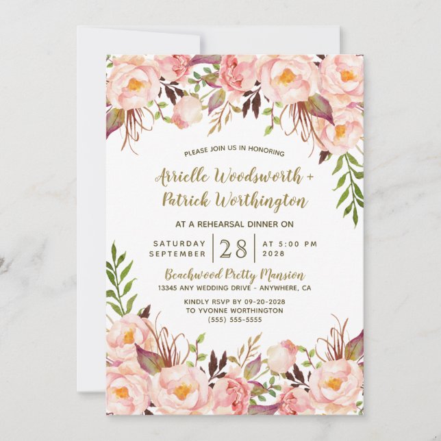 Inbjudan till  Rosa Peony Rehearsal Dinner guld (Framsida)