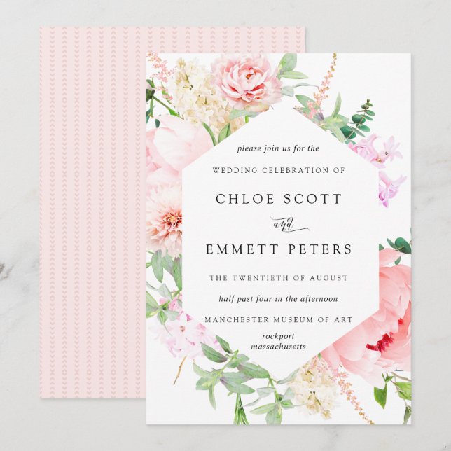  inbjudan till Rosa Peony Rustic Blommigt Wedding (Fram/baksida)
