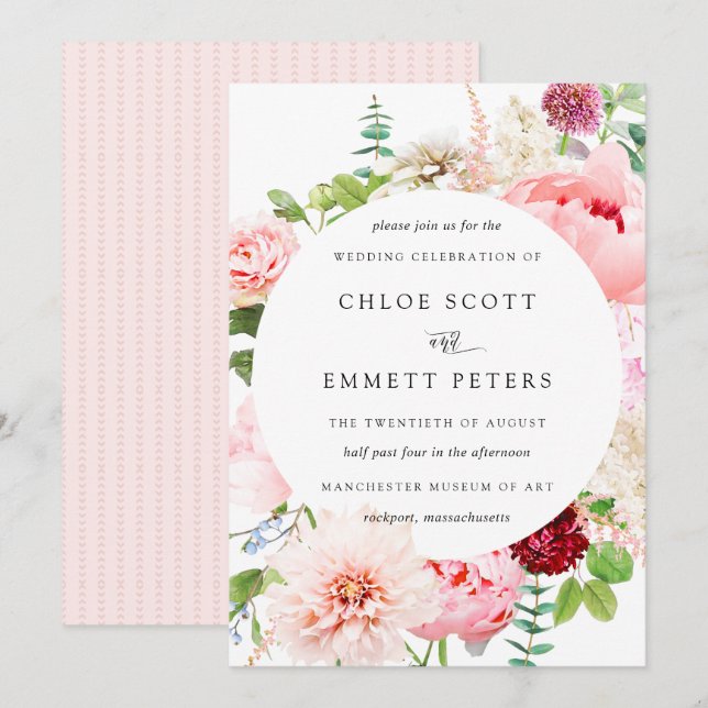  inbjudan till Rosa Peony Rustic Blommigt Wedding (Fram/baksida)