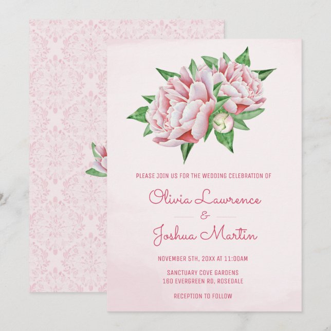 Inbjudan till rosa Peony Watercolor Wedding (Fram/baksida)