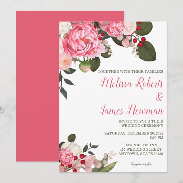 Inbjudan till rosa Peony Wedding (Fram/baksida)