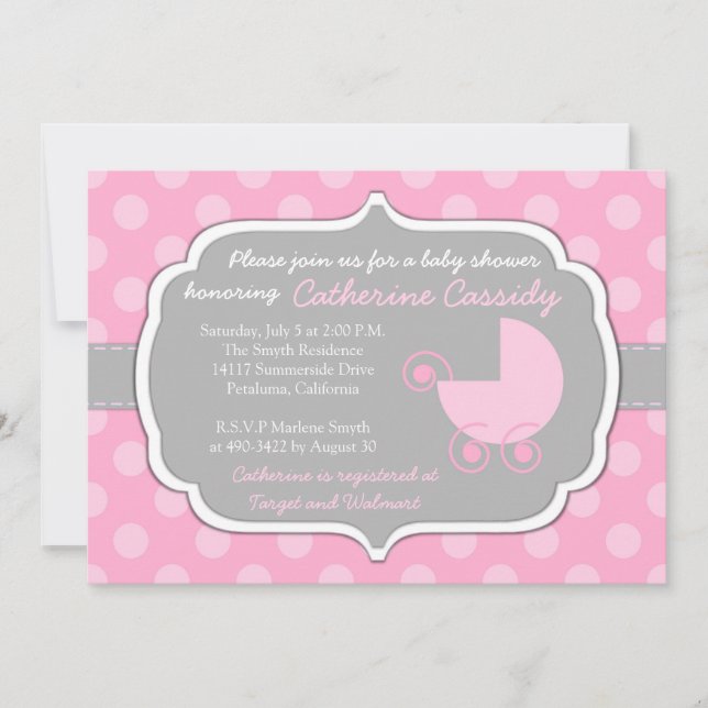 Inbjudan till rosa Polka dots Flicka Baby Shower (Framsida)