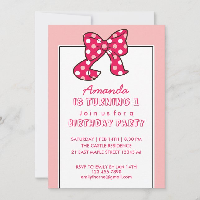 Inbjudan till rosa Polka dots Ribbon och Bow Birth (Framsida)