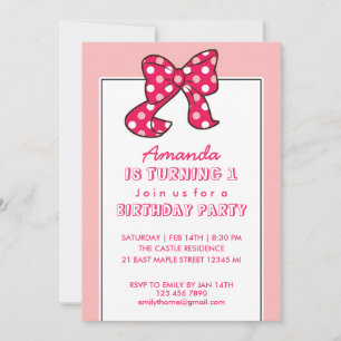 Inbjudan till rosa Polka dots Ribbon och Bow Birth