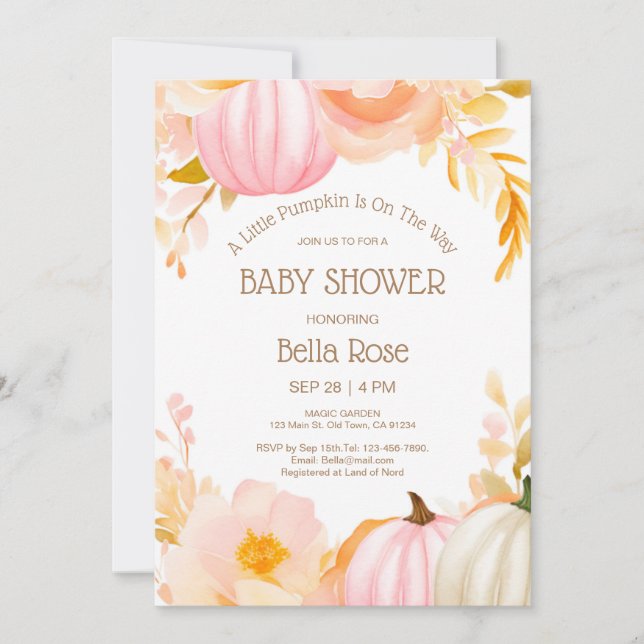 Inbjudan till rosa Pumpkin Fall Baby Shower (Framsida)