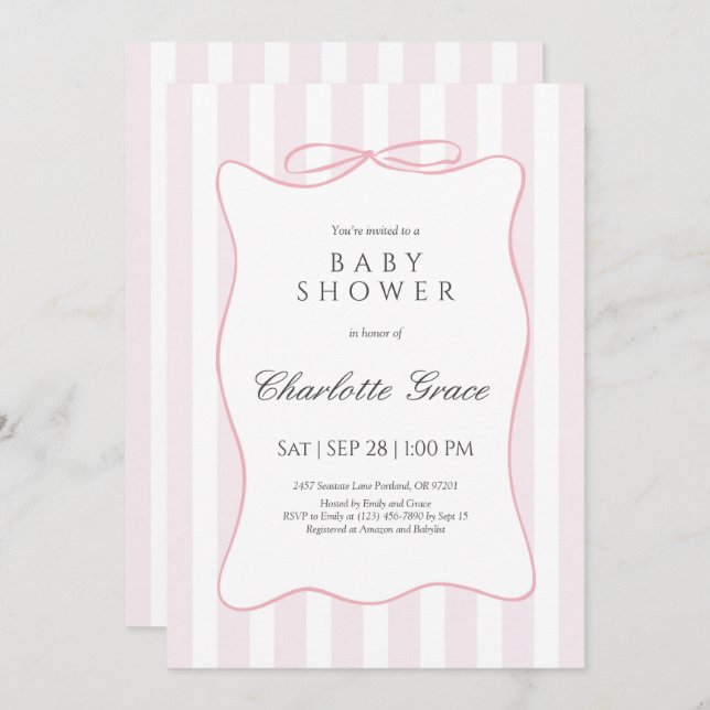 Inbjudan till rosa Rand Bow Baby Shower (Fram/baksida)