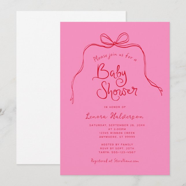 Inbjudan till rosa Red Bold Simple Bow Baby Shower (Fram/baksida)