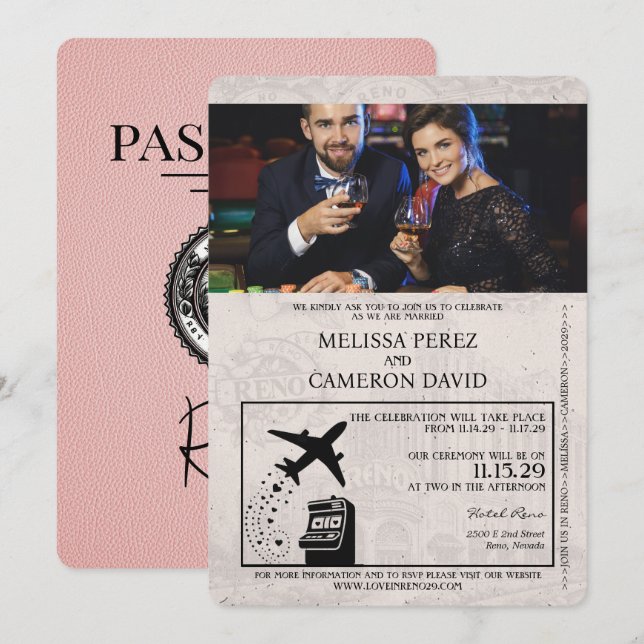 Inbjudan till rosa Reno Passport Wedding (Fram/baksida)