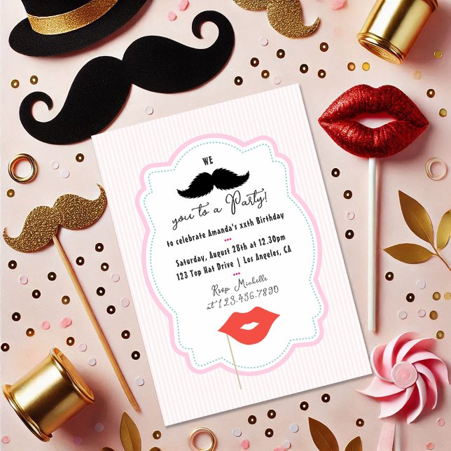 Inbjudan till Rosa Retro Mustasch-fest (Quirky Pink Retro Mustache Party Invitation)