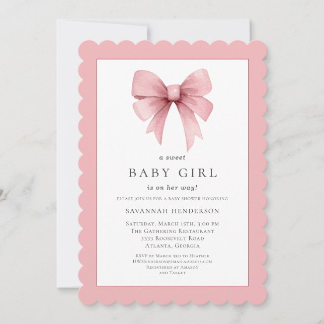 Inbjudan till rosa Ribbon Bow Girl Baby Shower (Framsida)
