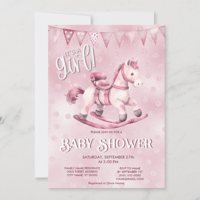 Inbjudan till rosa Rocking Horse Baby Shower (Framsida)