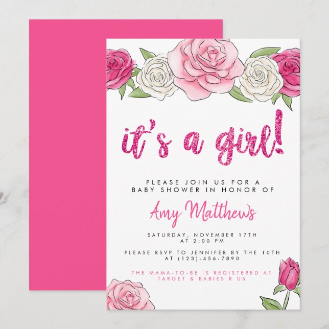 Inbjudan till rosa ros Blommigt Baby Shower (Fram/baksida)
